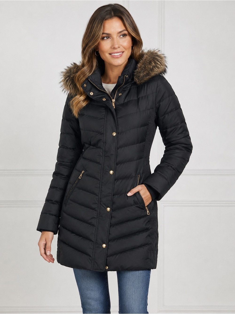 Michael Kors Black Quilted Puffer Coat Faux Fur Hood